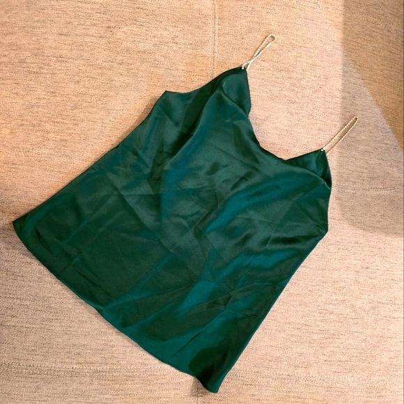 Do+Be Cowl Neck with Rhinestone Straps, Satin Emerald Green Top Sz Small - Picture 1 of 6